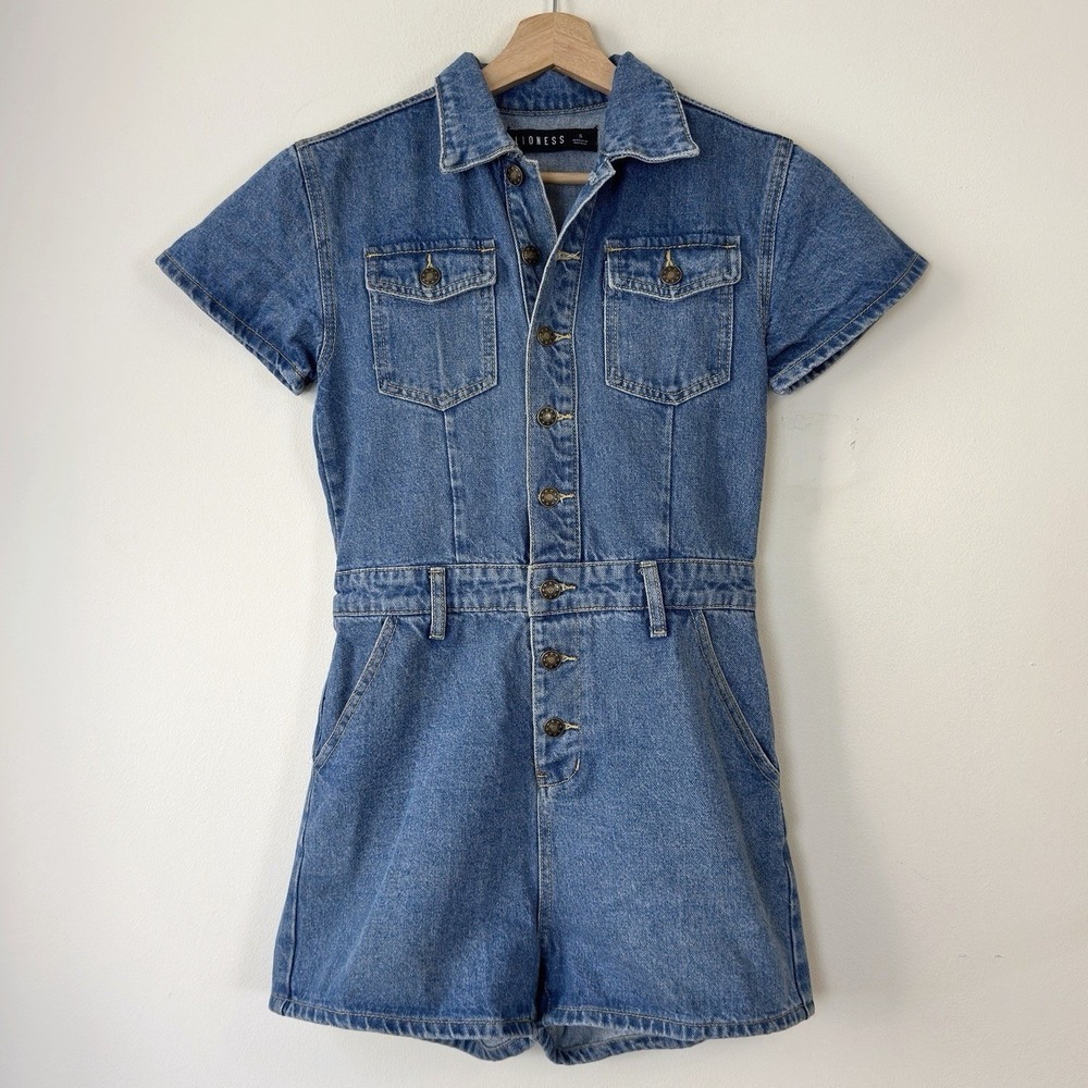 Women's Lioness Denim Jean Romper One Piece Shorts - Small
